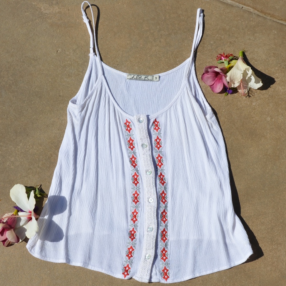 White Tank with Red and Grey Embroidery